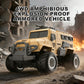 Tan remote-control amphibious armored vehicle with front guard bars and rugged wheels