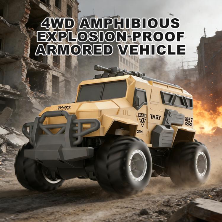 Tan remote-control amphibious armored vehicle with front guard bars and rugged wheels