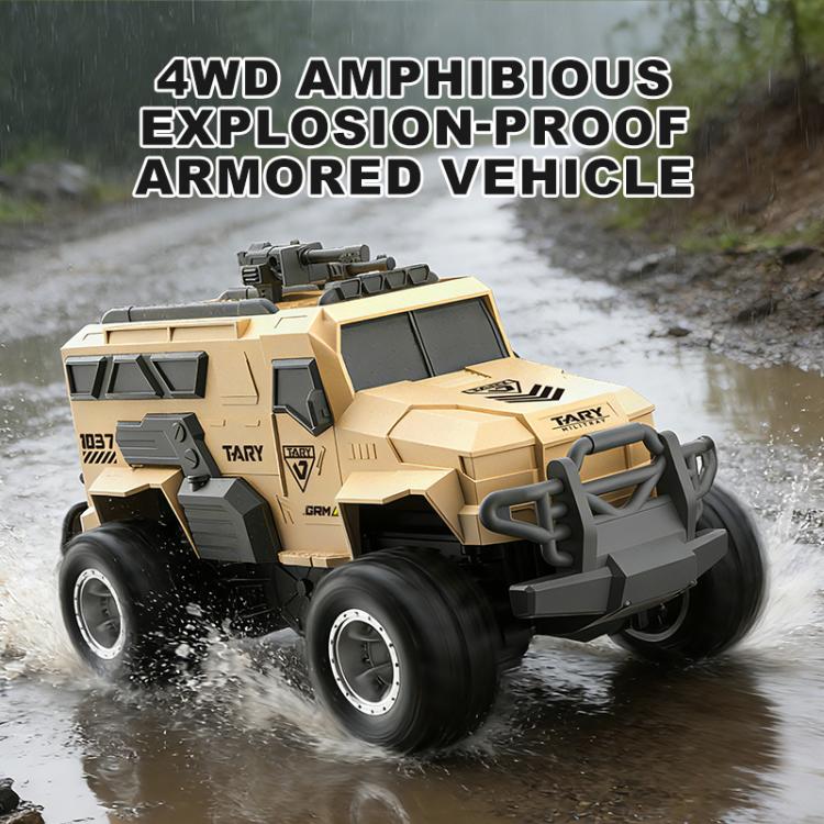 Khaki remote-control amphibious armored vehicle on wet terrain with deep tread tires