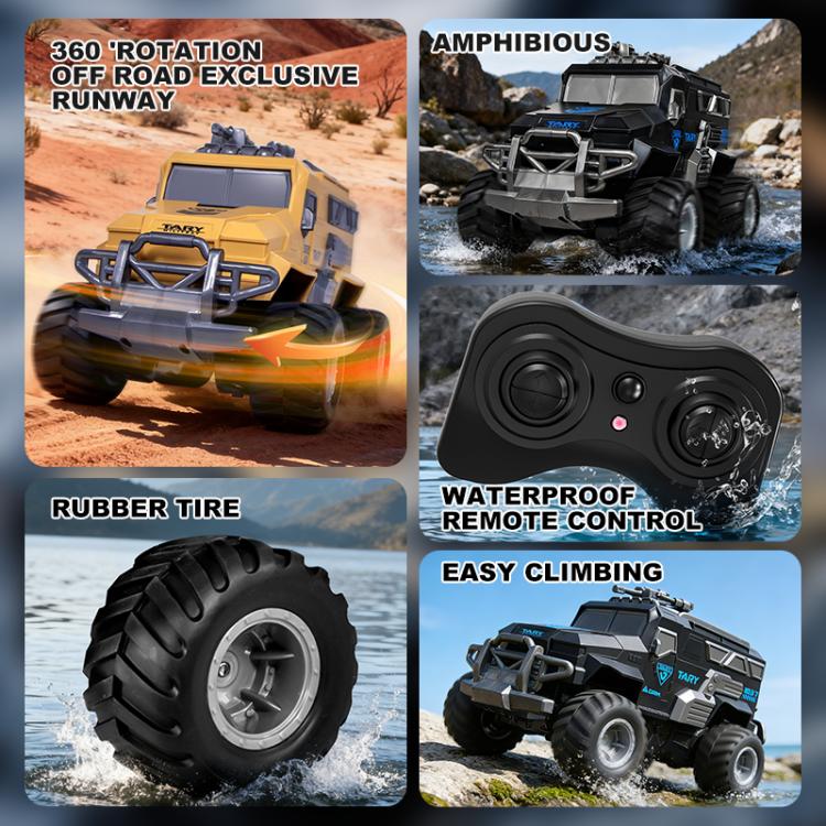 Remote-control amphibious armored vehicle feature collage showing rubber tires and waterproof remote