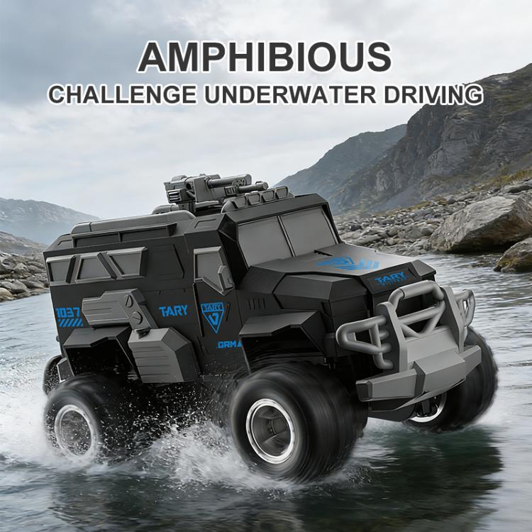 Dark gray remote-control amphibious armored vehicle for underwater driving with splash