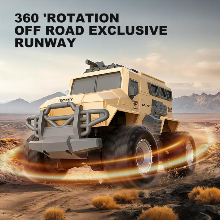 Khaki remote-control amphibious armored vehicle speeding across sand with exhaust flame