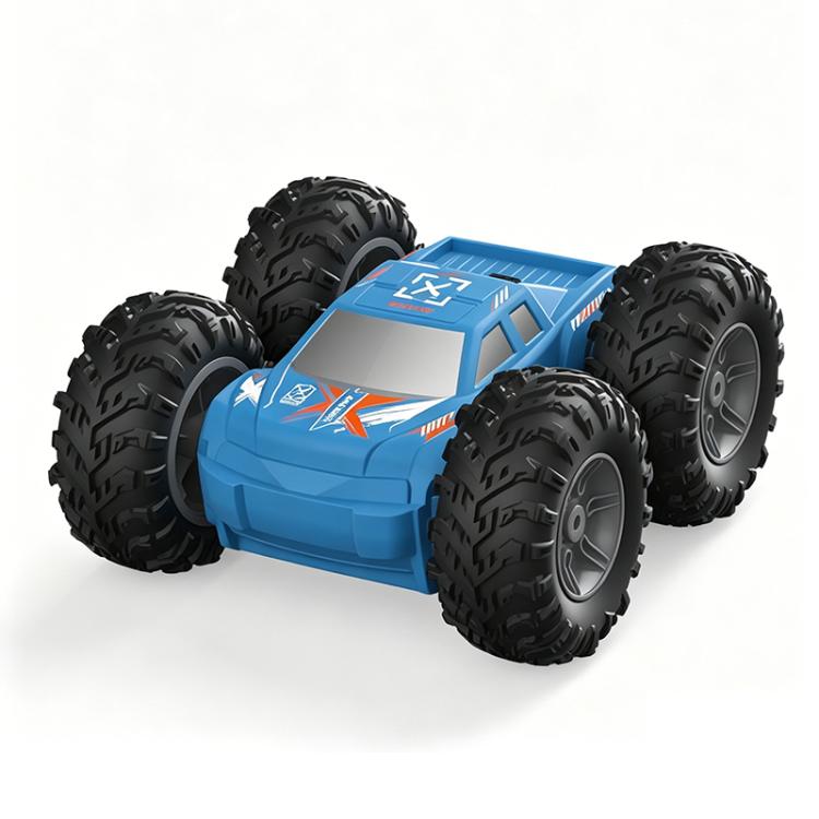Blue RC stunt car with big tread tires and gray window panel on the body.