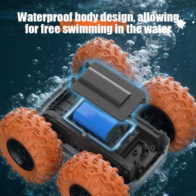 Orange-tire RC amphibious car shown from above with waterproof body shell in water.