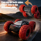 Red-tire RC stunt car driving on a road with dust and motion effects.
