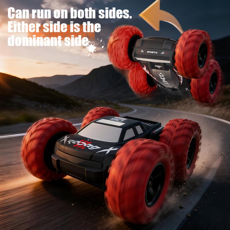 Red-tire RC stunt car driving on a road with dust and motion effects.