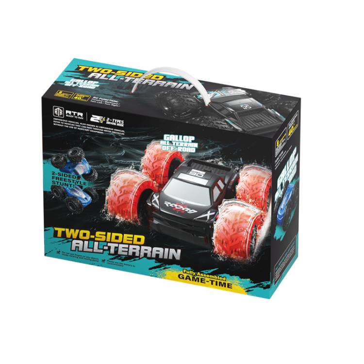 RC off-road stunt car retail box with two-sided all-terrain design