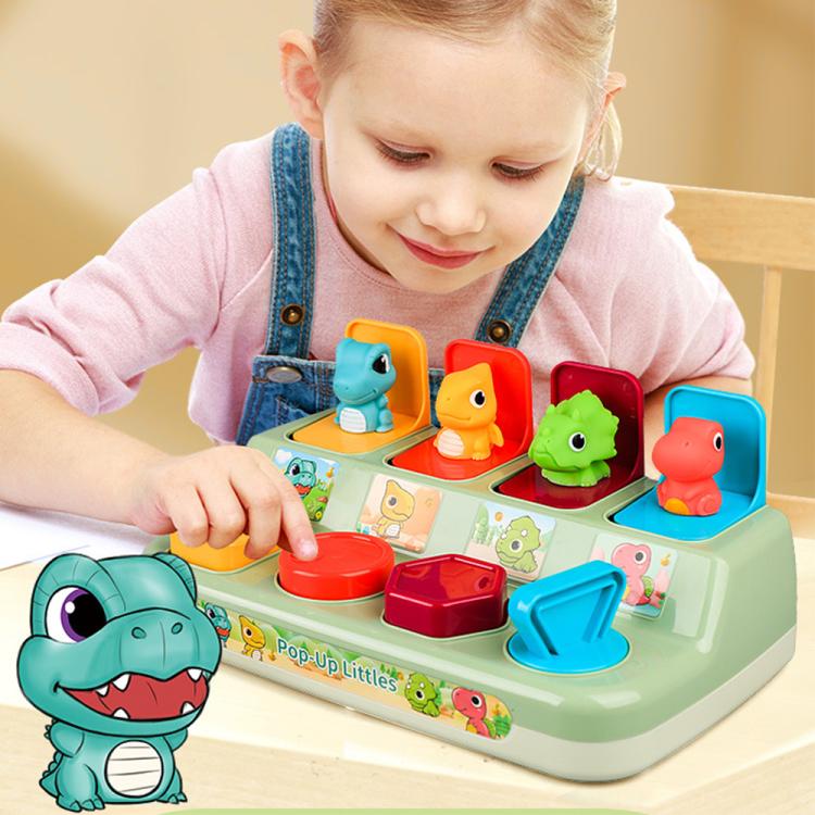 Montessori pop-up animal learning toy with 4 colorful dinosaur pieces on a mint base