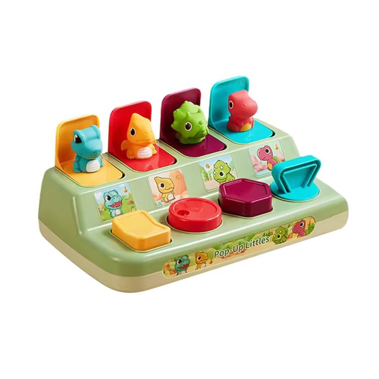 Pop-up animal learning toy with colorful dinosaur figures in square and round pop-up slots