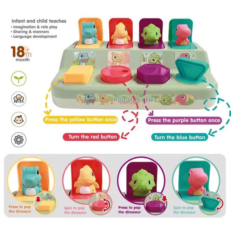 Pop-up animal learning toy panel showing dinosaur pieces with different button controls