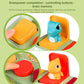 Colorful pop-up animal toy with hand-pressed yellow and red buttons and dinosaur figures