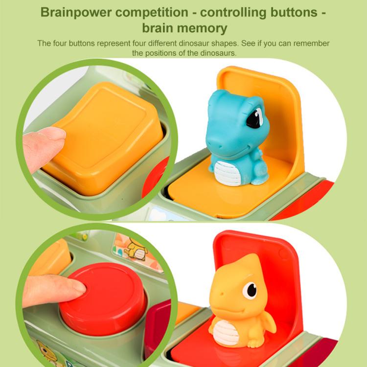 Colorful pop-up animal toy with hand-pressed yellow and red buttons and dinosaur figures