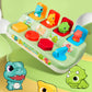 Pop-up dinosaur learning toy with multicolor pieces, round slider buttons, and mint platform