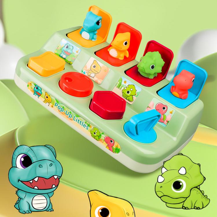 Pop-up dinosaur learning toy with multicolor pieces, round slider buttons, and mint platform