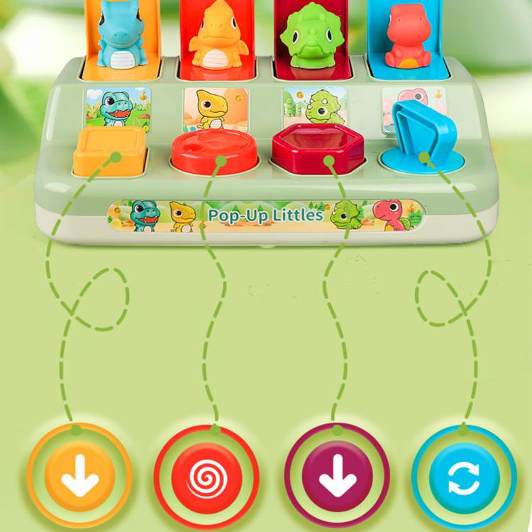 Pop-up animal learning toy front view with four dinosaur figures and colored circular control buttons
