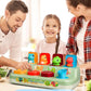 Pop-up animal learning toy with dinosaurs in colored slots on a mint base for children