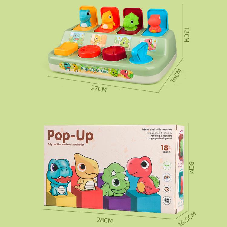 Pop-up animal learning toy dimensions shown with box artwork featuring dinosaur characters