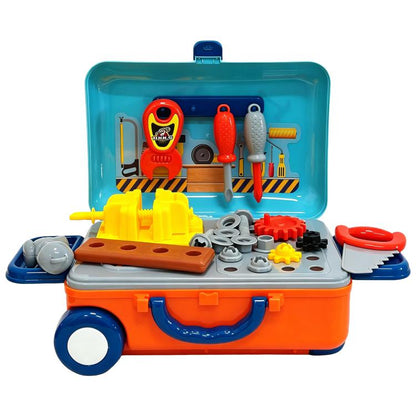 Plastic pull-behind pretend doctor kit with orange-and-blue rolling case and tools inside