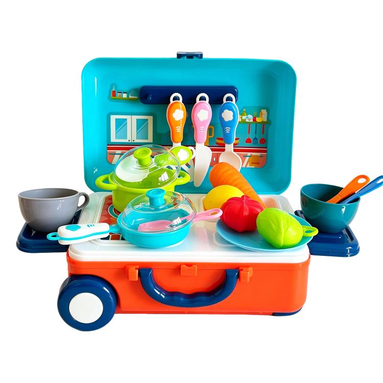 Plastic kitchen pretend play kit in orange-and-teal rolling case with cookware and utensils