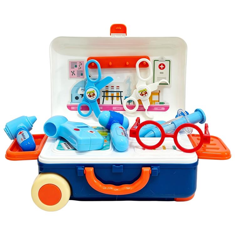 Plastic doctor-themed pretend play kit with stethoscope, syringe, and glasses in case
