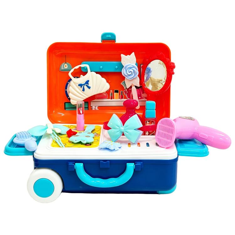 Plastic beauty salon pretend play kit with hair tools, mirror, and styling pieces in case