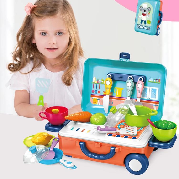 Pretend play kitchen tool set with bowls, pans, and utensils in orange-and-blue case