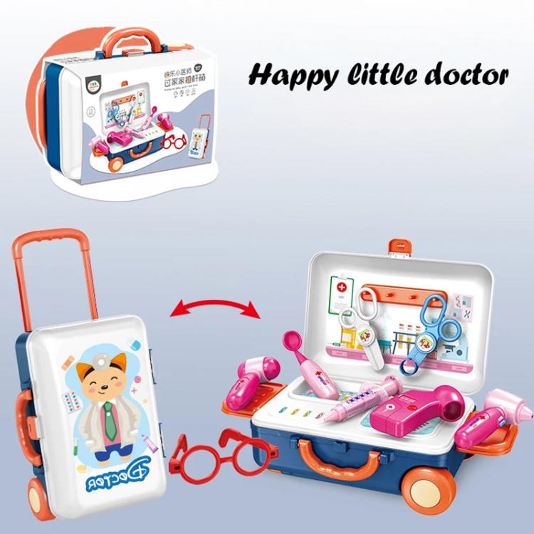 Rolling doctor pretend play kit with stethoscope, syringe, and glasses shown open
