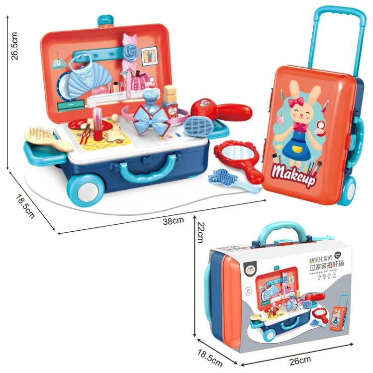 Pretend play beauty doctor kit with rolling case, makeup tools, and accessories laid out