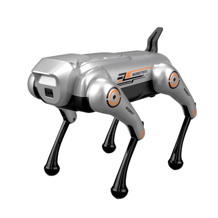 Silver robotic dog toy with four black legs and blue chest light
