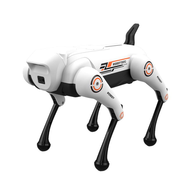 Silver robotic dog toy with four black legs and orange-ring eye lights