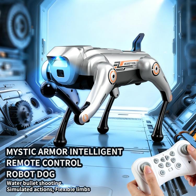 Silver robotic dog toy with blue chest light and handheld remote controller