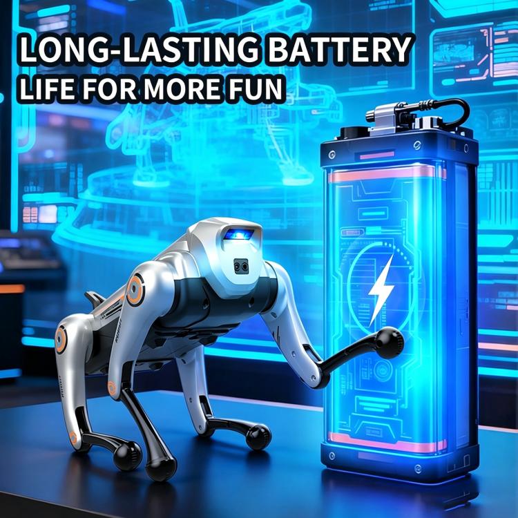 Silver robotic dog toy with blue head light and black trim beside battery unit