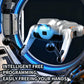 Silver robotic dog toy with blue chest light and flexible legs in a circular bay