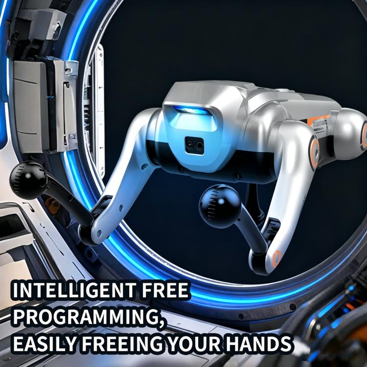 Silver robotic dog toy with blue chest light and flexible legs in a circular bay