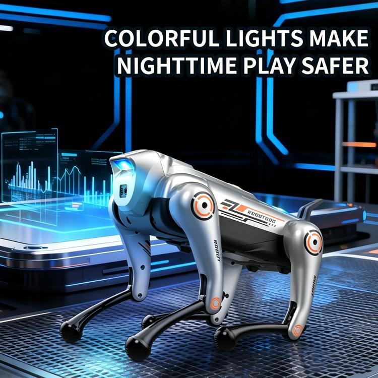 Silver robotic dog toy with glowing blue lights and black feet in a walking pose