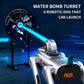Silver robotic dog with a mounted turret-like device and blue beam glow