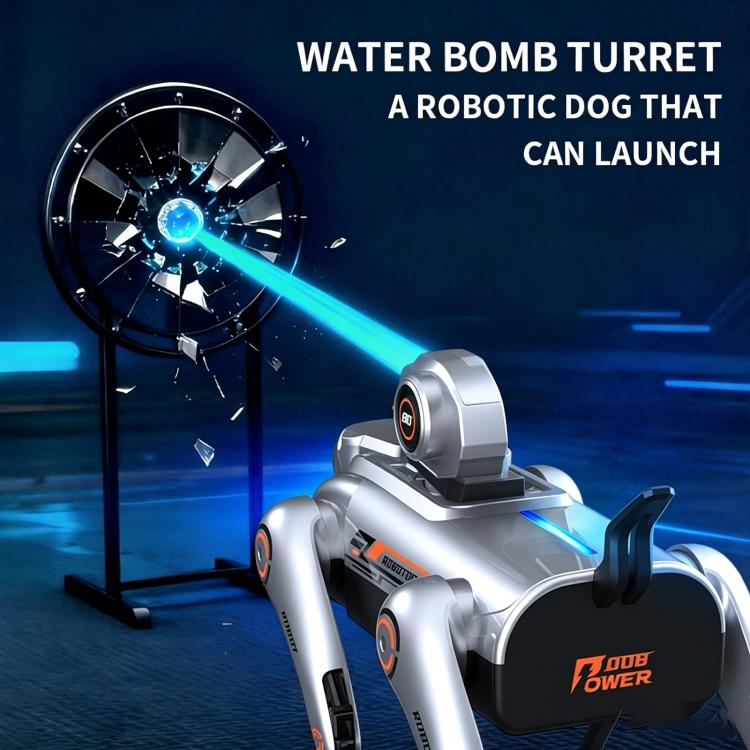 Silver robotic dog with a mounted turret-like device and blue beam glow