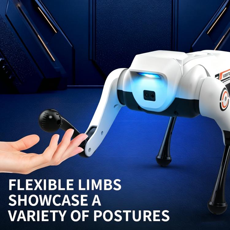 White robotic dog toy with blue chest light and flexible legs with a nearby hand