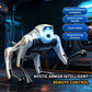 Silver robotic dog toy with blue chest light posed as if moving forward