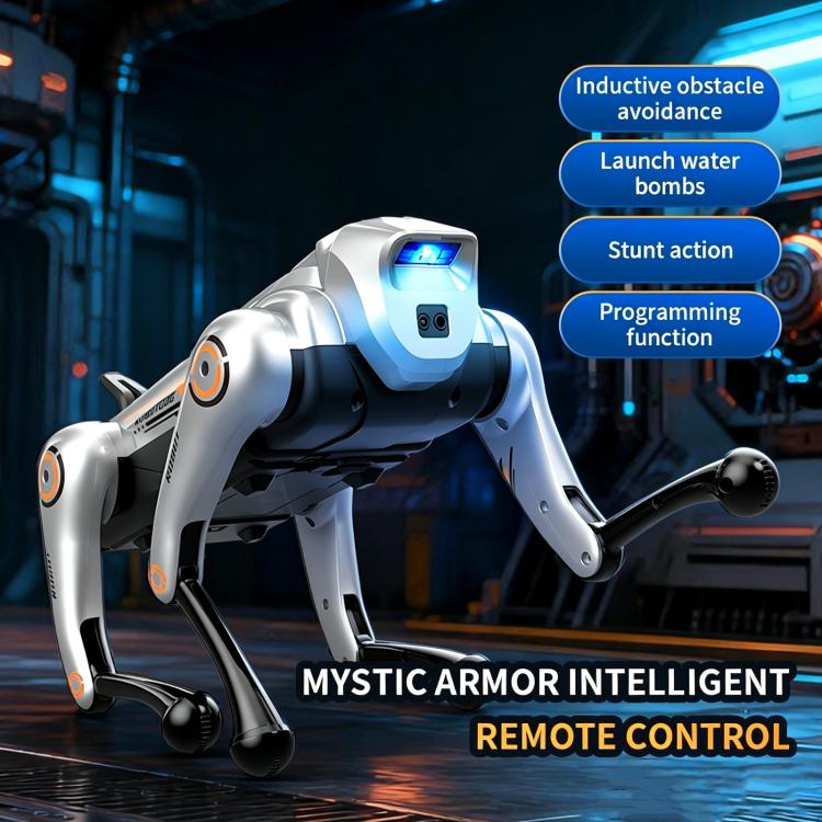 Silver robotic dog toy with blue chest light posed as if moving forward