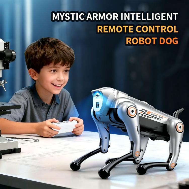 Silver robotic dog toy with blue chest light near a boy holding a white remote