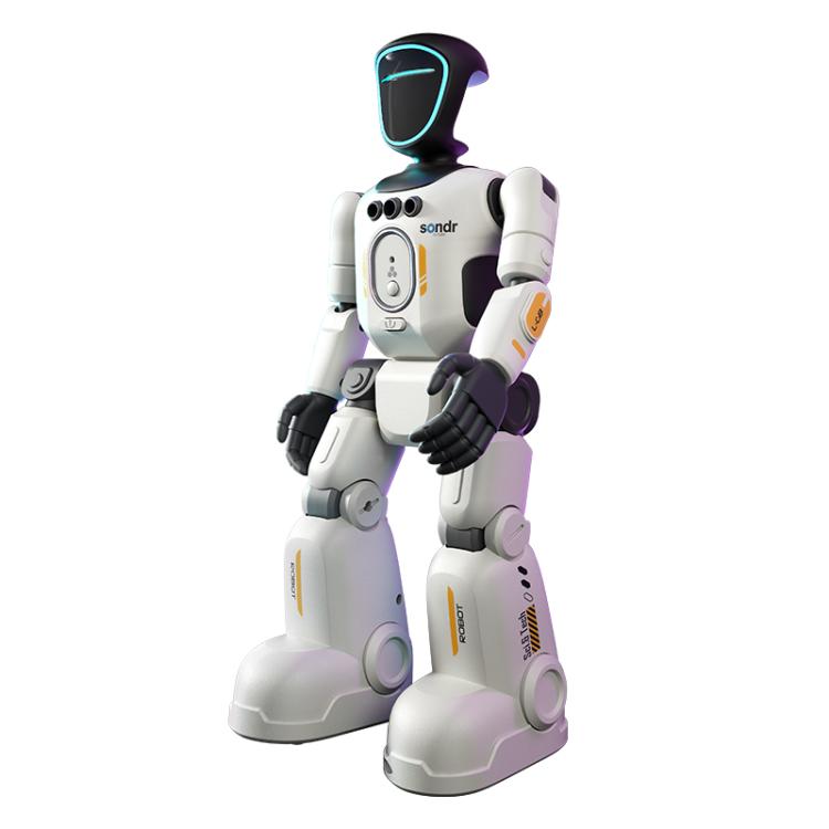 JJR/C R40 bionic joint smart robot, white body with black hands, blue face glow, standing