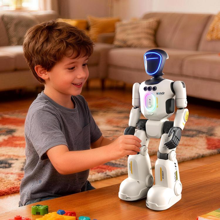 JJR/C R40 bionic robot with blue face glow, standing beside a smiling child