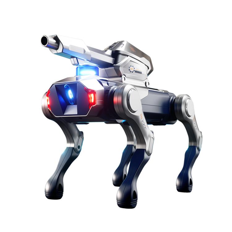 Robot dog with turret, white and dark blue, blue/red LED lights