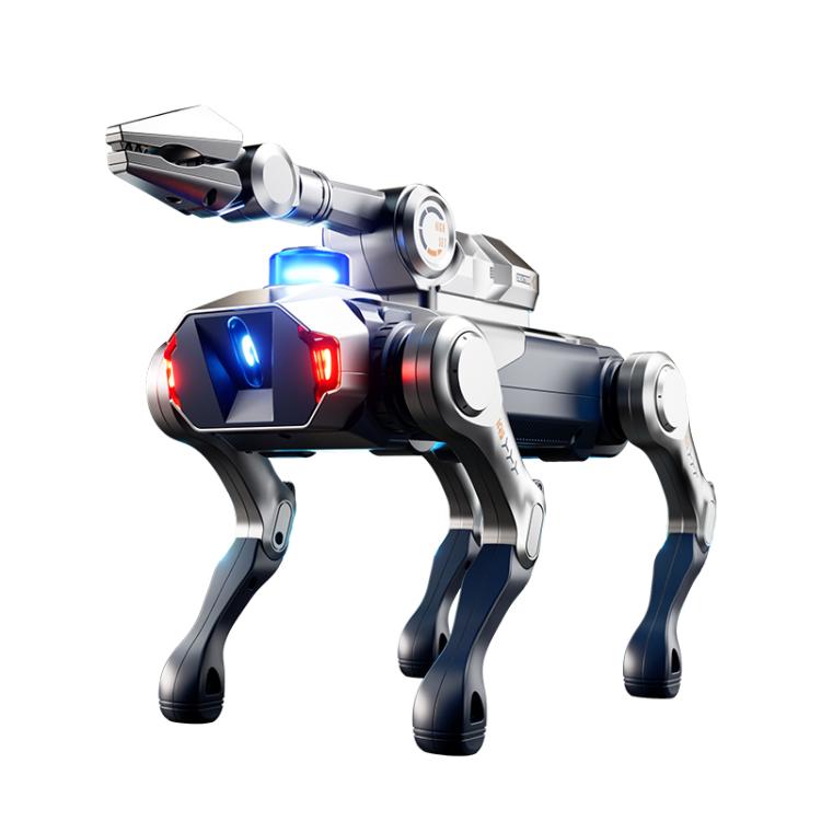Robot dog with turret, side view, white and dark blue, glowing blue/red lights