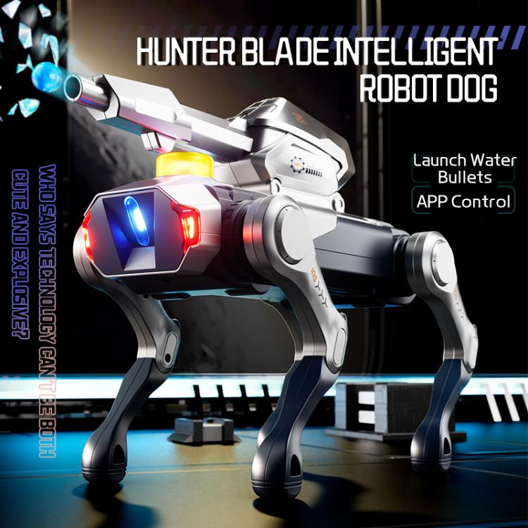 Robot dog with turret and launcher, white body with blue/red glowing panels