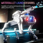 Robot dog with water-bullet launcher barrel, white and dark blue, glowing blue/red panels
