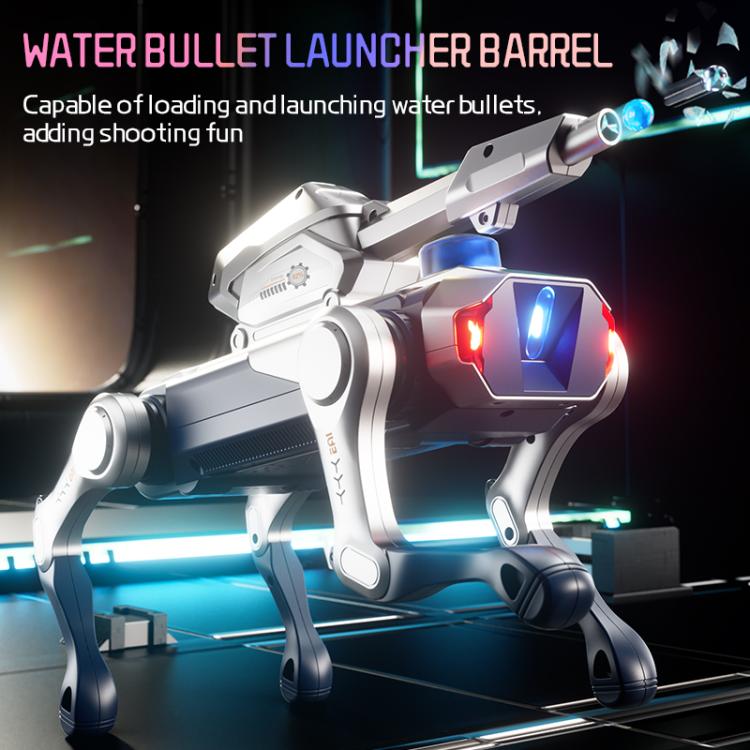 Robot dog with water-bullet launcher barrel, white and dark blue, glowing blue/red panels