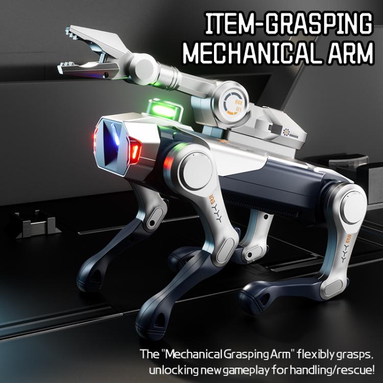 Robot dog with mechanical gripping arm, white and dark blue, blue/red LED display