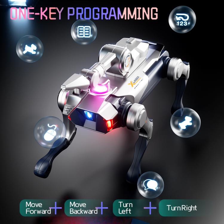 Robot dog with turret, close top view, multicolor LED glow on white body